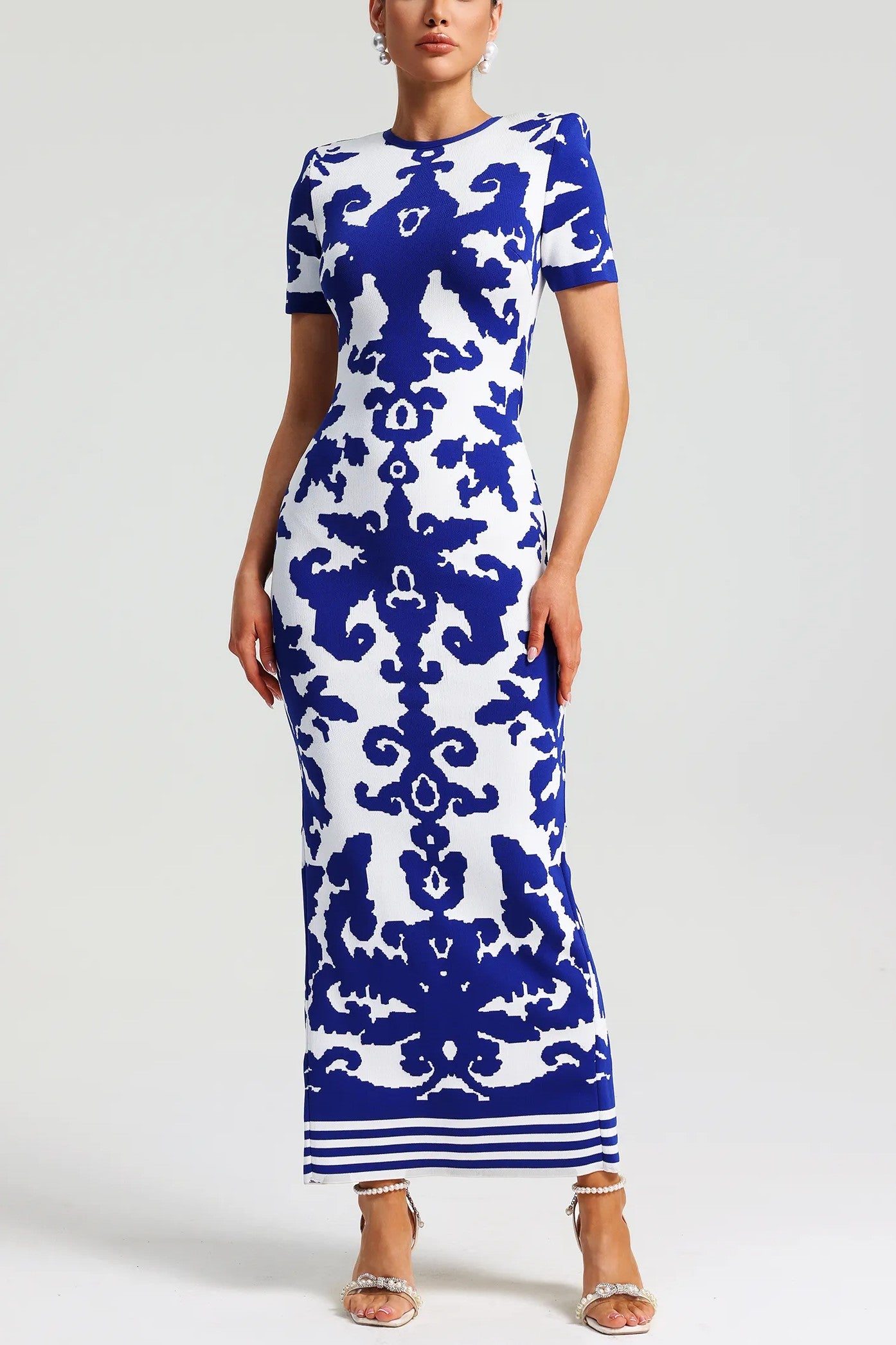 Vestido largo de vendaje de jacquard con cuello redondo y manga corta