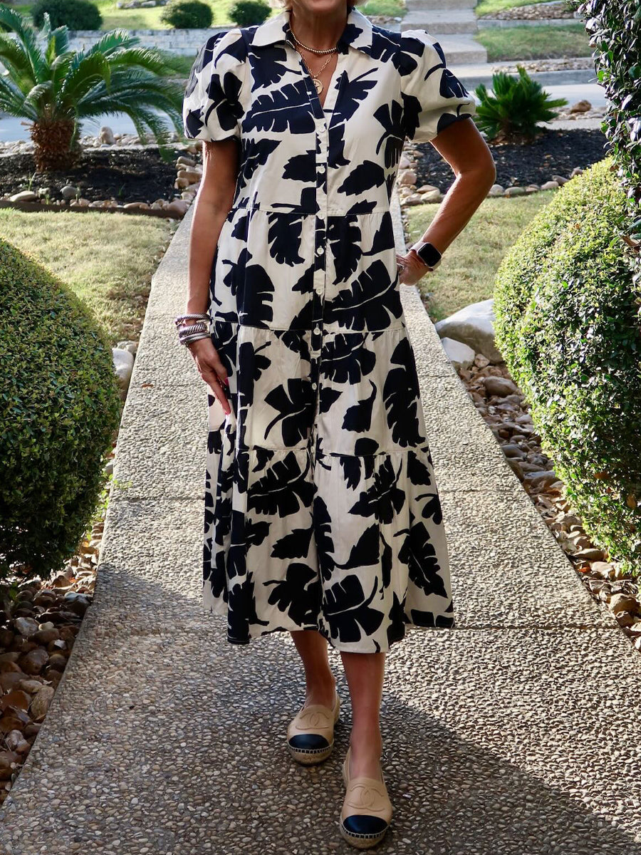 Vestido midi estampado con mangas abullonadas