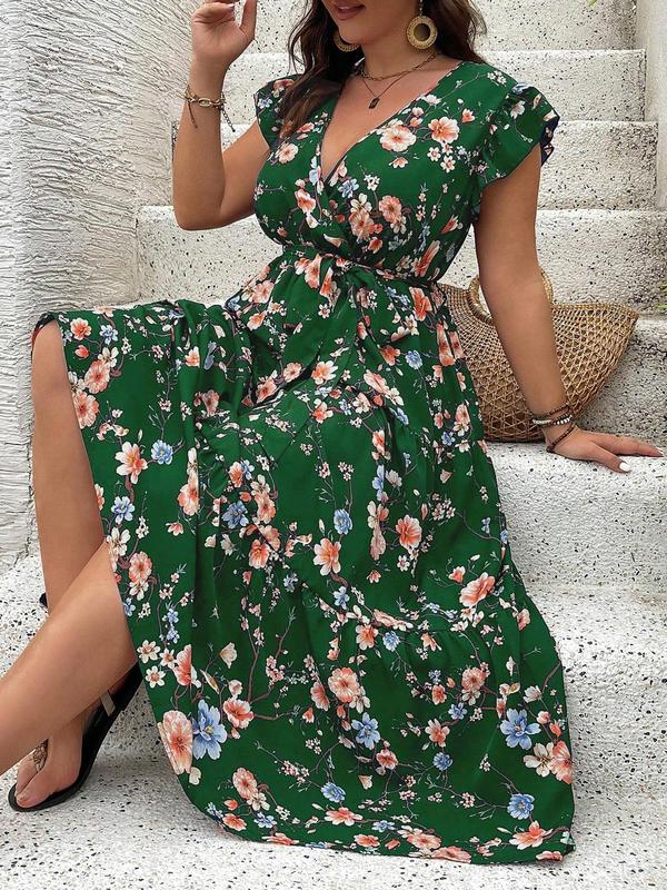 Vestido de fiesta con cuello en V, estampado y mangas plisadas