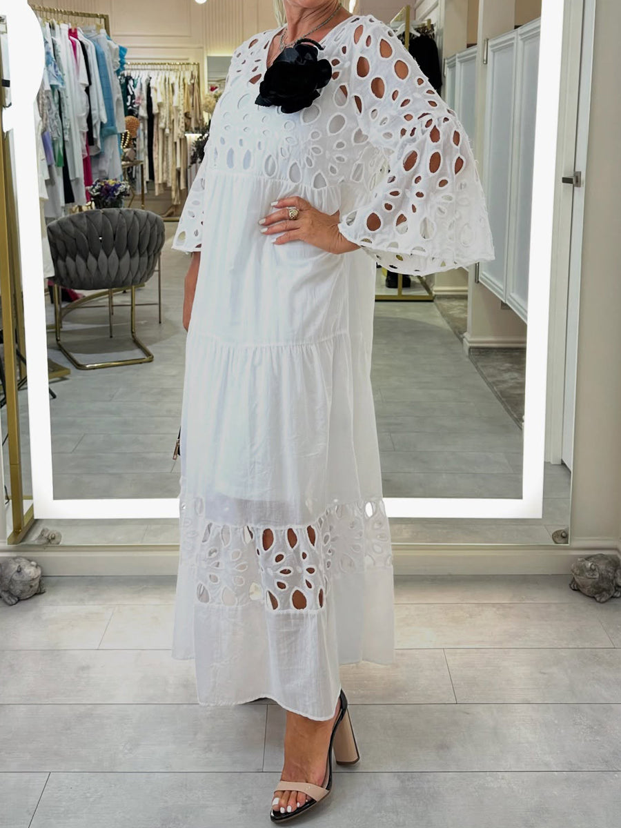 Vestido largo holgado con encaje calado
