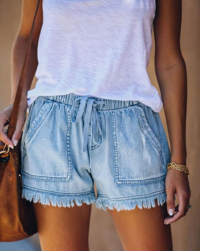 Women'S Elastic Waist Casual High Waist Slim Denim Shorts