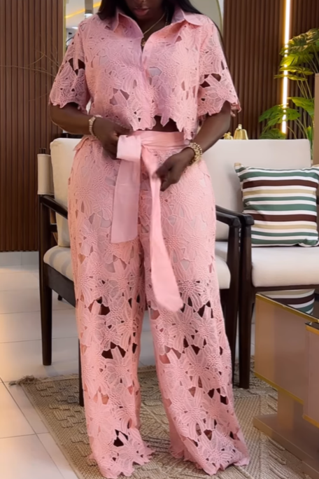 Conjunto de pantalón de encaje de manga corta con solapa