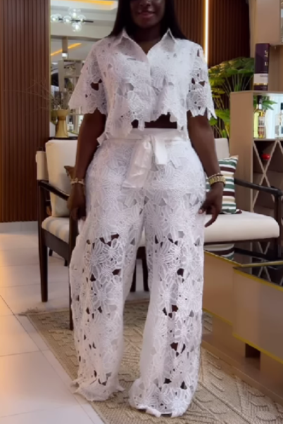 Conjunto de pantalón de encaje de manga corta con solapa