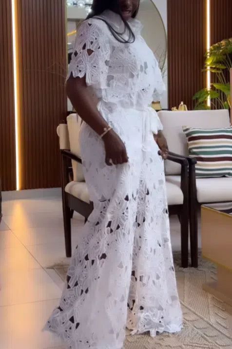 Conjunto de pantalón de encaje de manga corta con solapa
