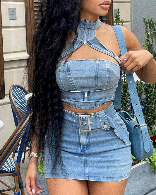 Streetwear Jeans Mini Skirt Outfit Sexy Women Elegant Two Pieces Denim Club Matching Set Top+Mini Skirt