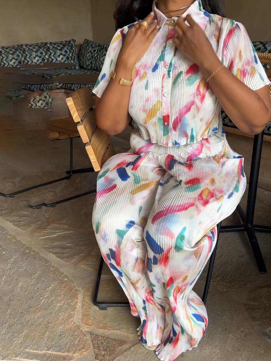 Conjunto de dos piezas plisado con estampado de moda