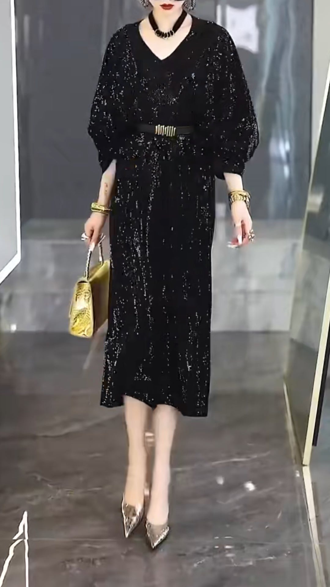 Elegant Black Dolman Sleeves Maxi Dress