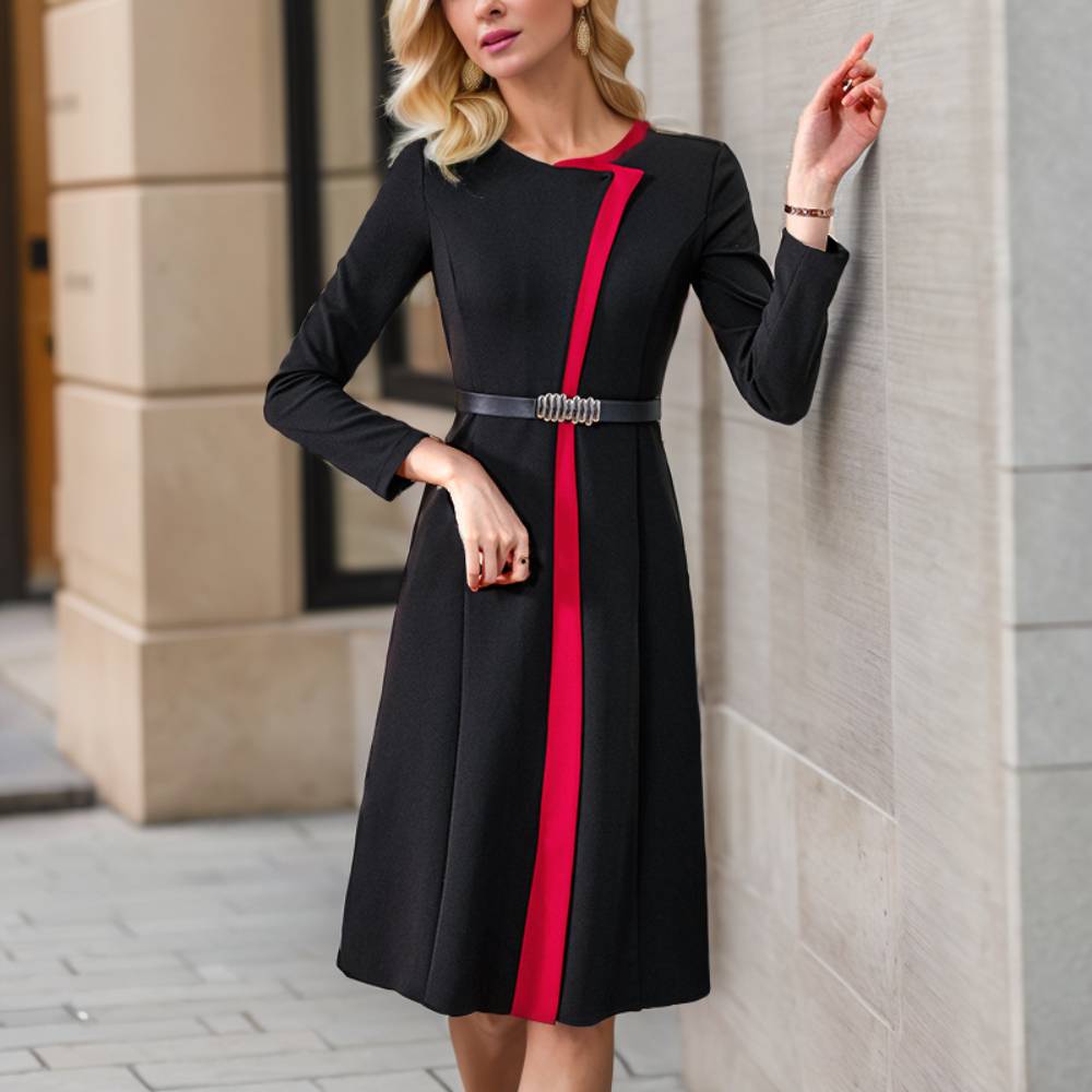 2023 New Elegant Black and Red Stitching Midi Dress
