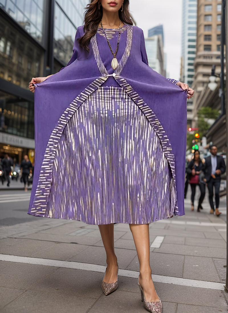 Elegant Blue Pleated Fake Two-piece Maxi Dress