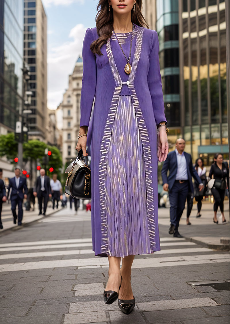 Elegant Blue Pleated Fake Two-piece Maxi Dress