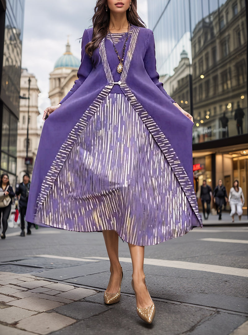 Elegant Blue Pleated Fake Two-piece Maxi Dress