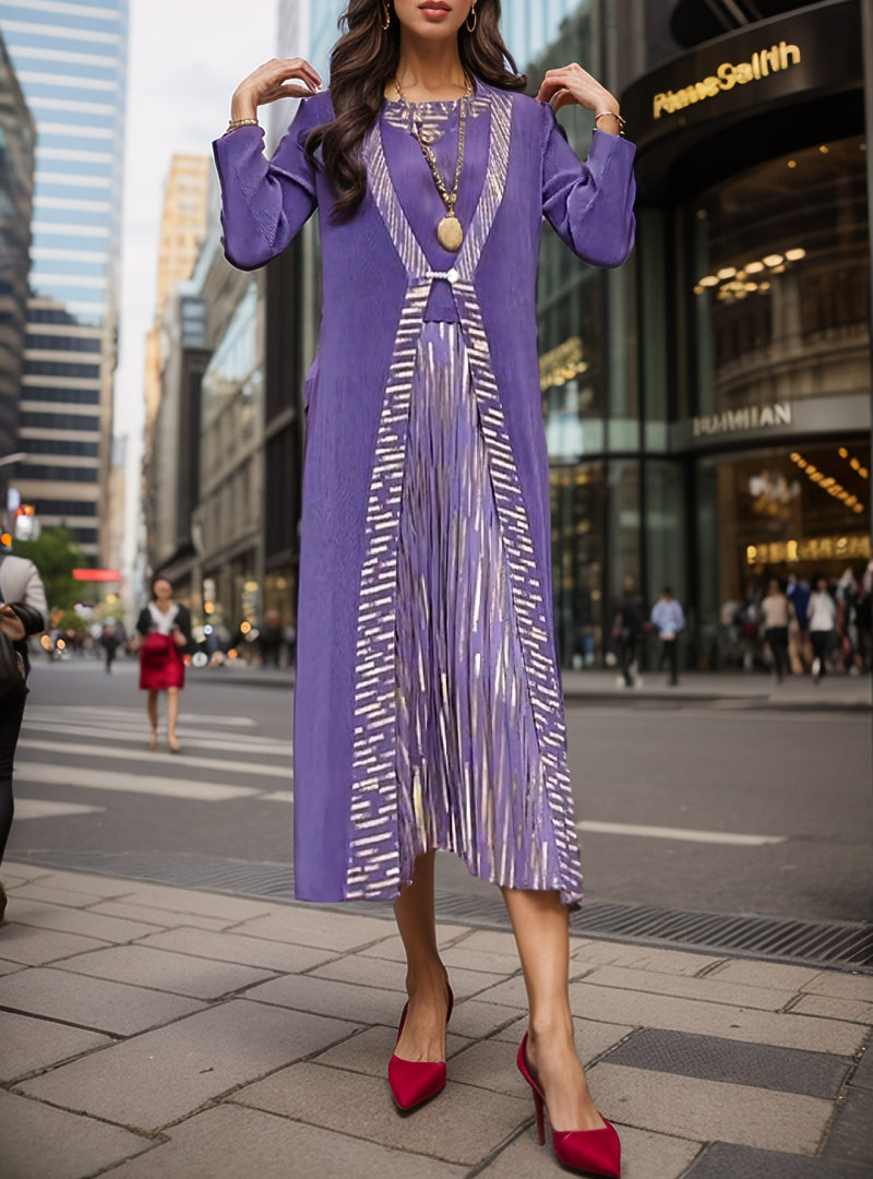 Elegant Blue Pleated Fake Two-piece Maxi Dress