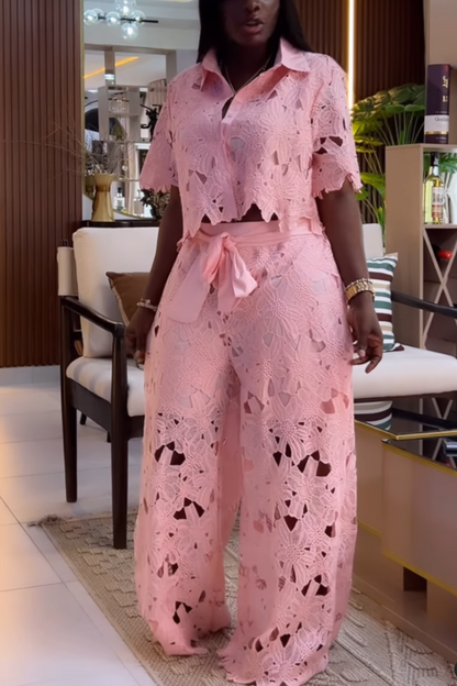 Conjunto de pantalón de encaje de manga corta con solapa