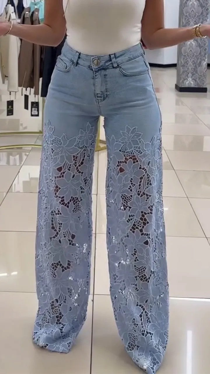 Vaqueros de pierna ancha con encaje calado para mujer