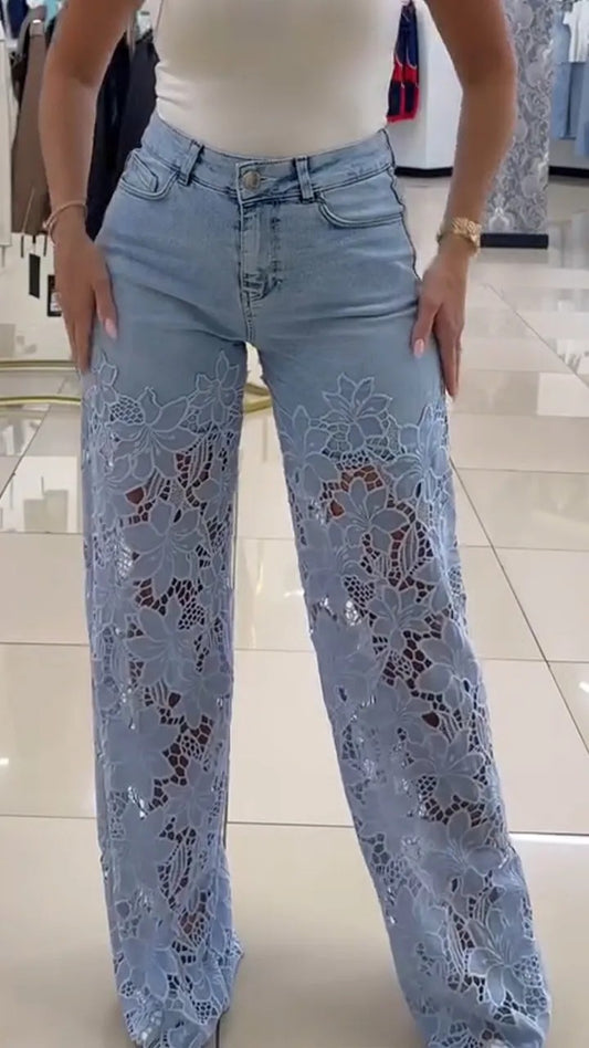 Vaqueros de pierna ancha con encaje calado para mujer