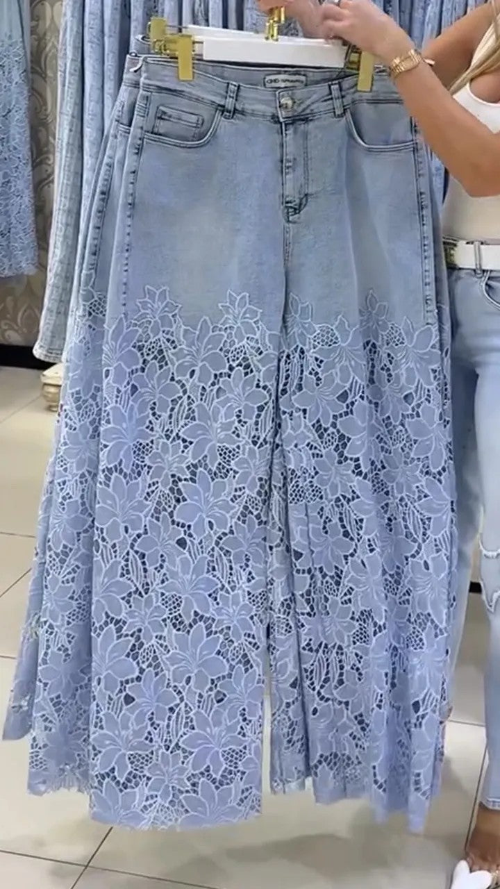Vaqueros de pierna ancha con encaje calado para mujer