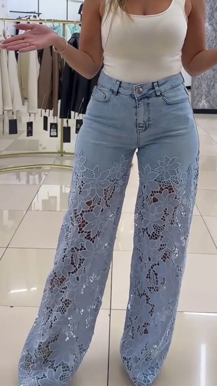 Vaqueros de pierna ancha con encaje calado para mujer