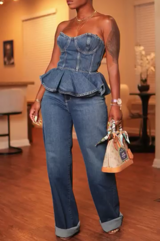Conjunto de dos piezas de top de tubo de mezclilla y jeans