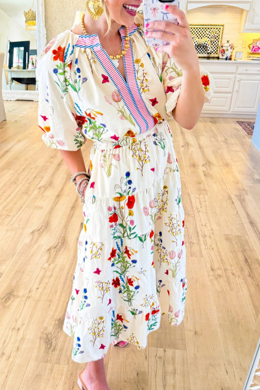 Vestido midi con mangas abullonadas y estampado floral color crema