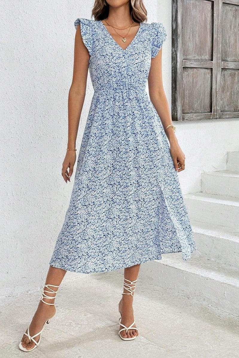 Vestido estampado azul oscuro con escote en V para mujer