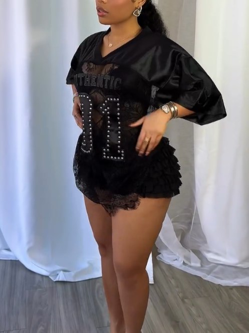 Top de jersey de encaje extragrande con cuello en V