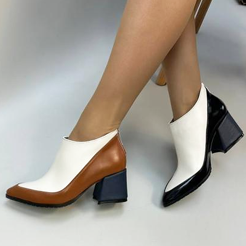 Colorblocked Leather Chunky Heel Women's Ankle Boots