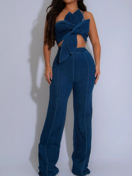 Traje de dos piezas con estampado floral de mezclilla