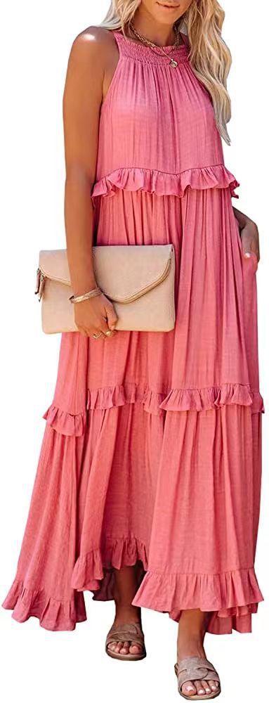 Vestido largo de resort sin mangas con bordes con flecos