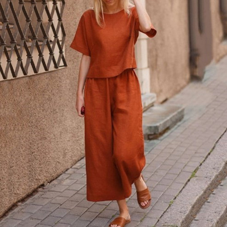 Casual Solid Color Shirt Short Sleeve + Pants Two-piece Set