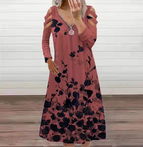 Chic Pink Print Long Sleeve Midi Dress