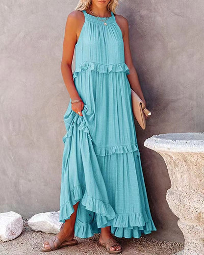 Vestido largo de resort sin mangas con bordes con flecos