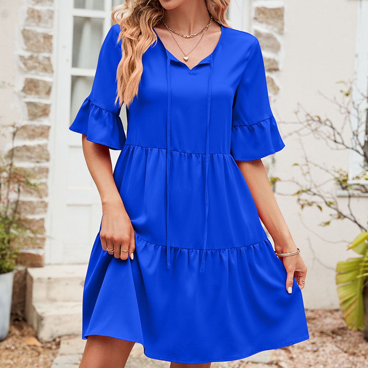 Casual V Neck Tie Front Skirt Loose Dress