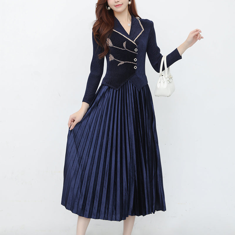 Elegant Suit Collar Velvet Pleated Midi Dress