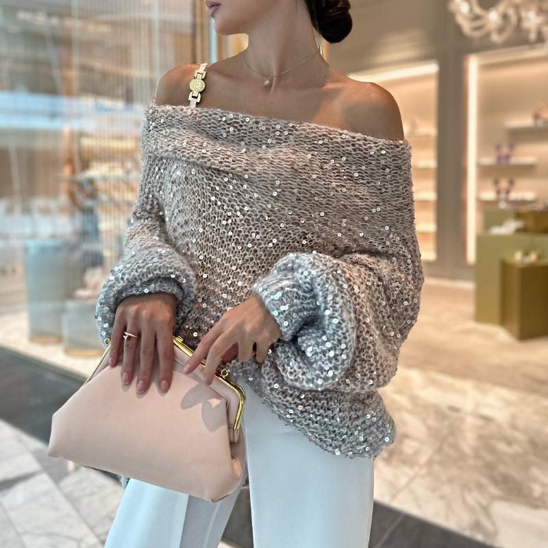 Eye-catching Pink Sequined Off-the-shoulder Sweater