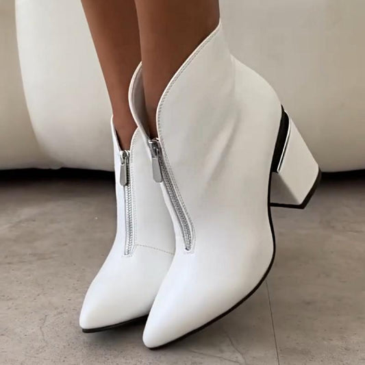 Chic White Zip-Front Block Heel Booties