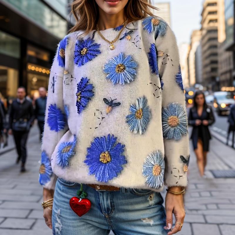 Cute Blue Flower Rhinestone Sweater