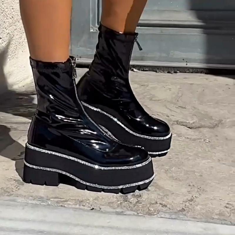 Chic Rhinestone Platform Patent Leather Boots