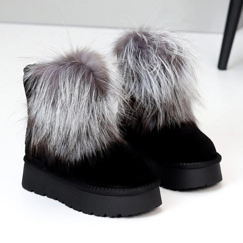 Warm Gray Fur Plus Fleece Snow Boots