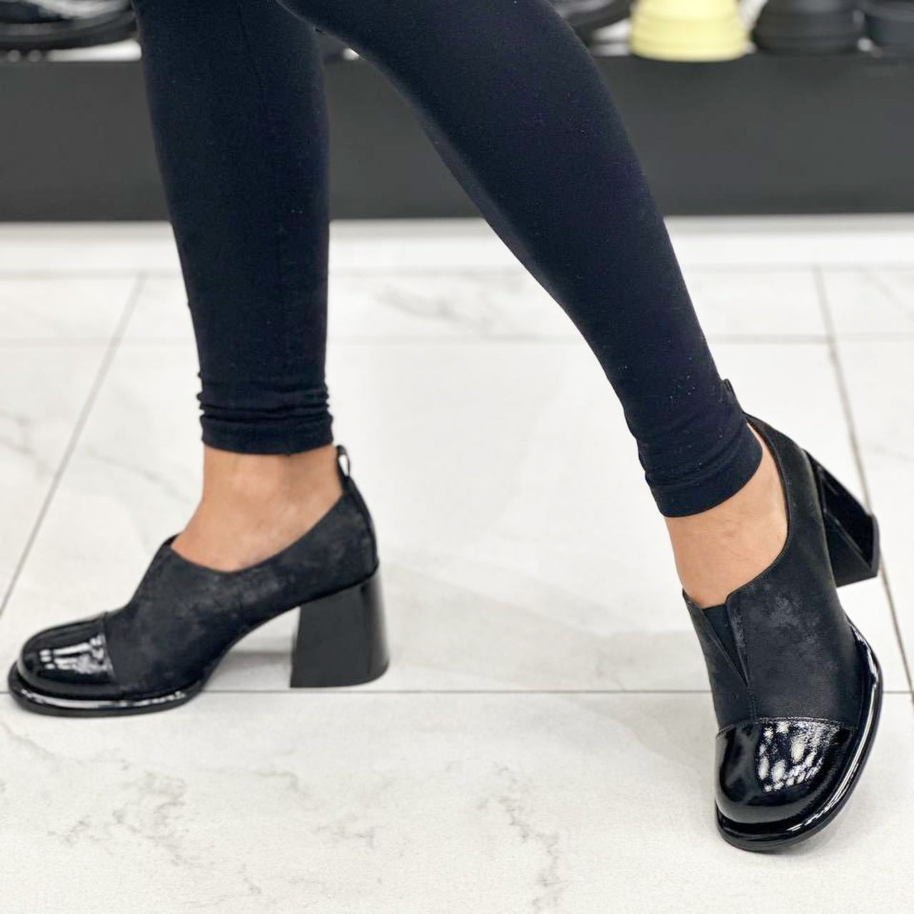 Chic Black Patchwork Leather Block Heels