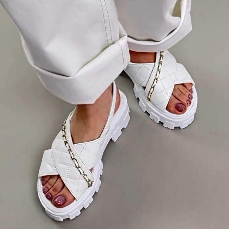 Chain Embellished Cross Diamond Check Sandals