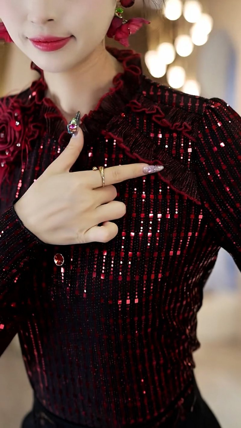 Eye-catching Burgundy Glittery Floral Top