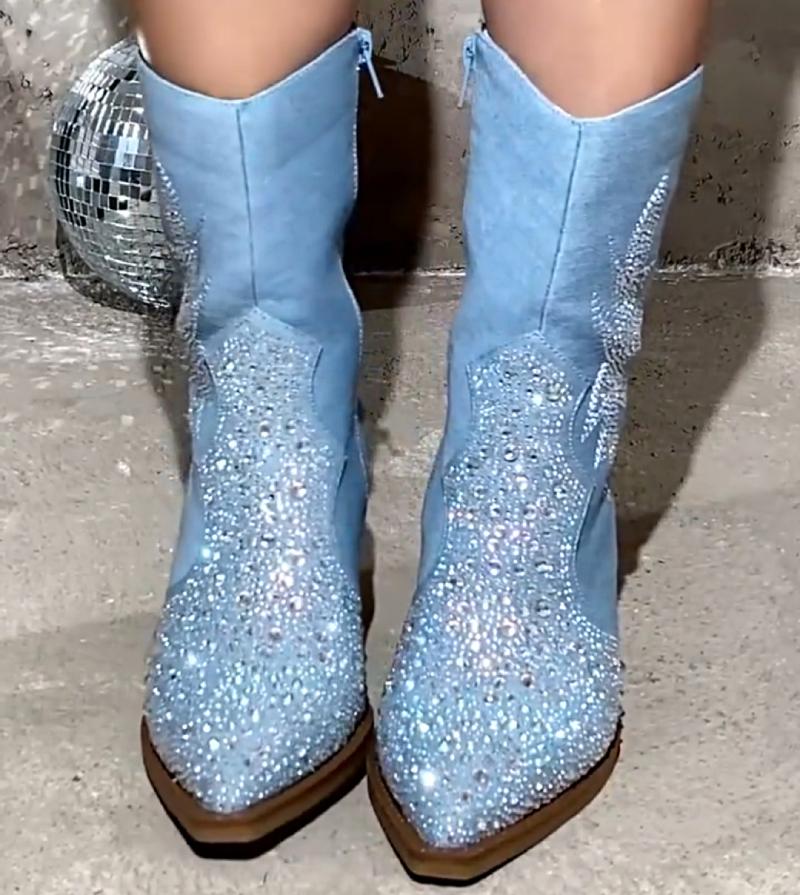 Eye-catching Rhinestone Suede Block Heel Boots