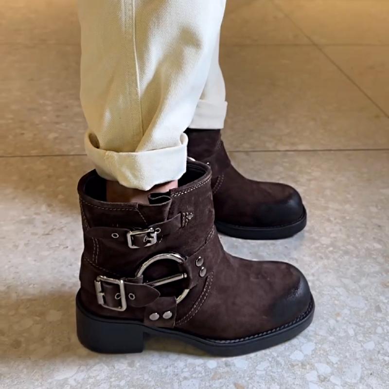 Stylish Leather Buckle Round Toe Boots