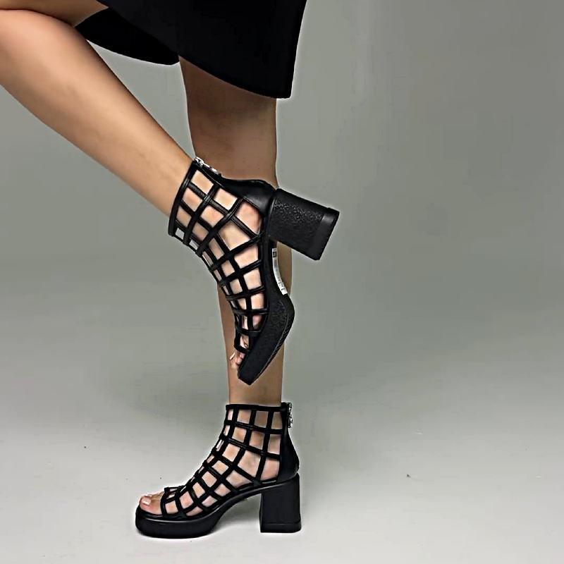 Stylish Hollow Plaid Thick-soled Thick-heeled Zipper Sandals