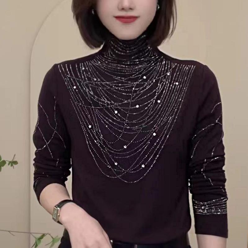 Cute Rhinestone Turtleneck Top