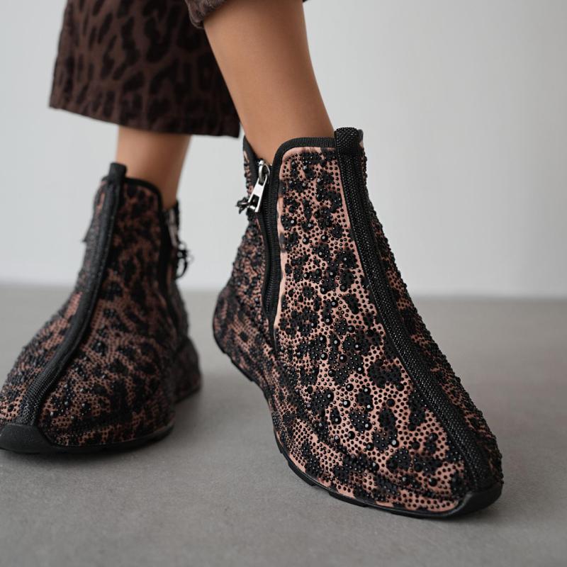 Cute Rhinestone Leopard Print Ankle Boots