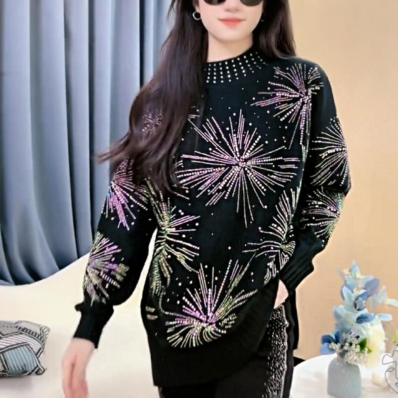 Cute Rhinestone Firework Turtleneck Sweater