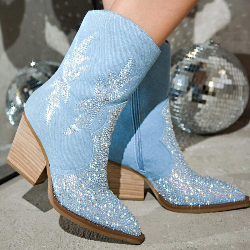 Eye-catching Rhinestone Suede Block Heel Boots