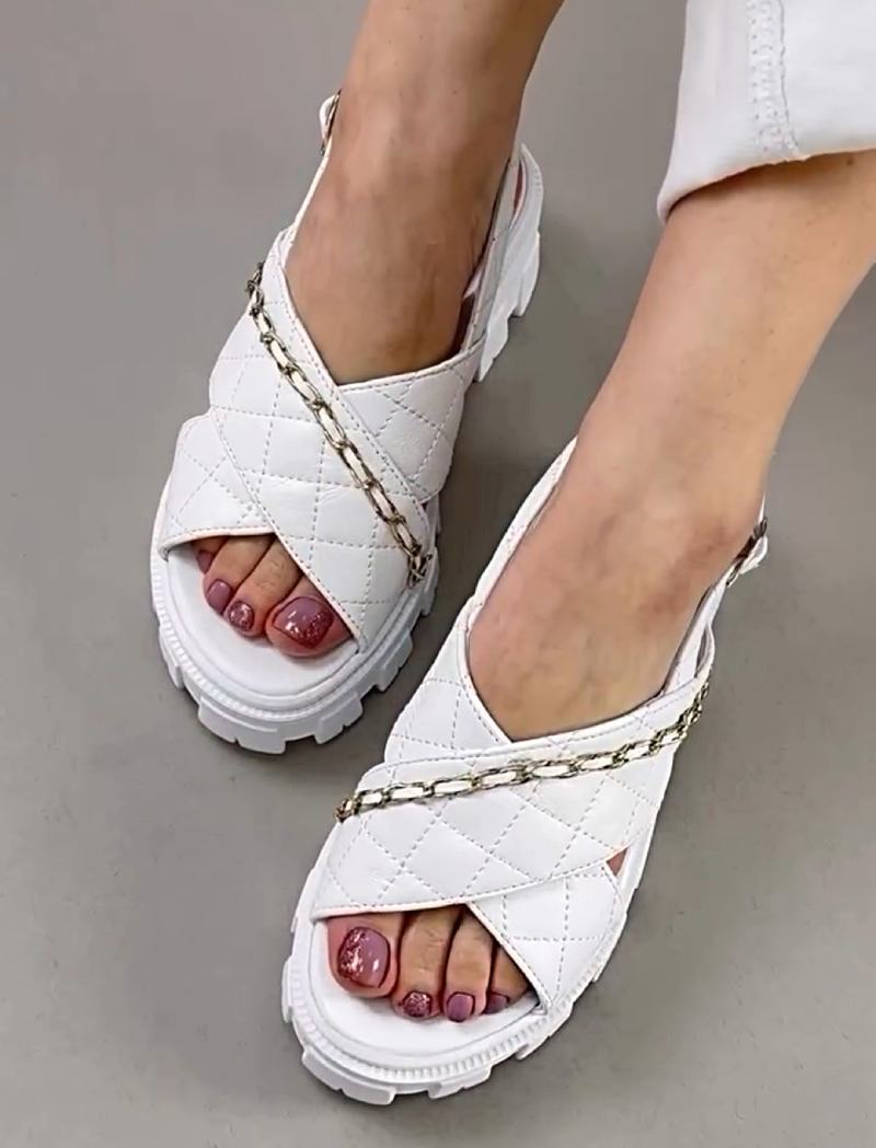 Chain Embellished Cross Diamond Check Sandals