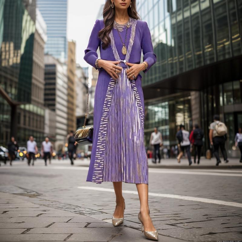 Elegant Blue Pleated Fake Two-piece Maxi Dress